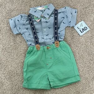Little Lad Gray Shirt and Green Shorts Set with Suspenders